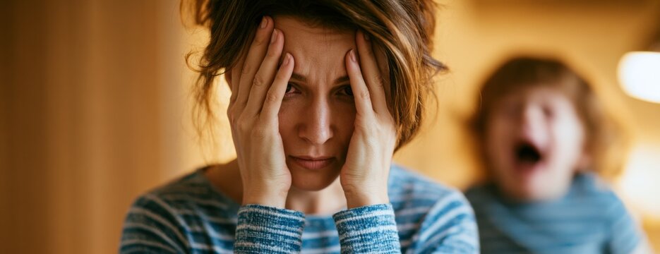 Mother with hands on head looking stressed while child screams  