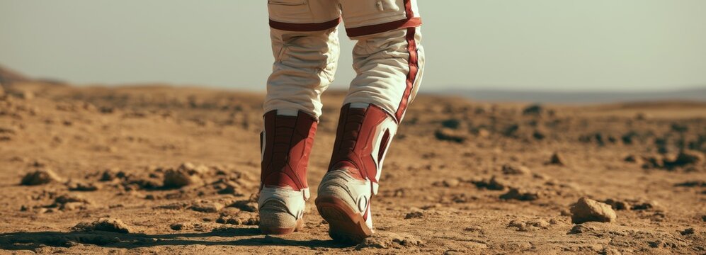 Astronaut walking on rocky surface of Mars with red boots  