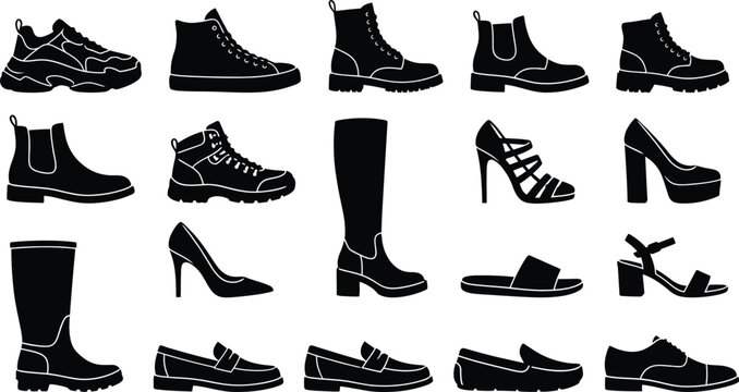 Fifteen black silhouette depicting a variety of women's footwear including boots, sneakers, loafers, sandals, and heel shoes