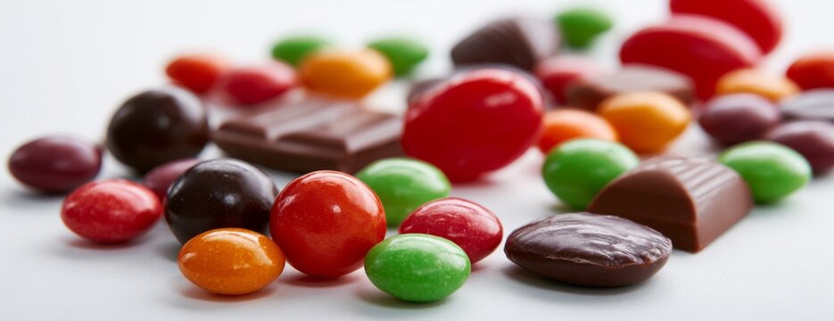 Assorted chocolate and candy selection on white background  