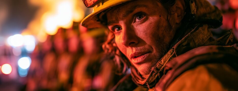 Female firefighter looking serious while fighting a blaze at night  