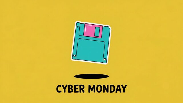 Floppy disk animation with Cyber Monday text on yellow