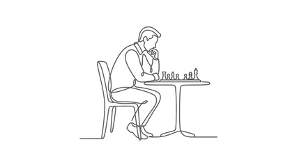 Fototapeta premium Man playing chess, continuous line drawing, strategic thinking, intellectual game