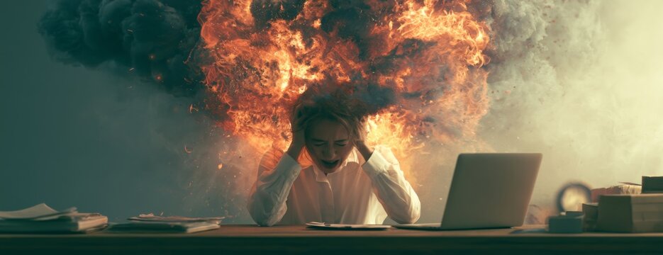 Woman in white shirt sitting at desk with head in fire and smoke expressing fatigue in office  