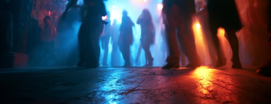 Silhouettes of people dancing under colorful lights in a nightclub, view from floor