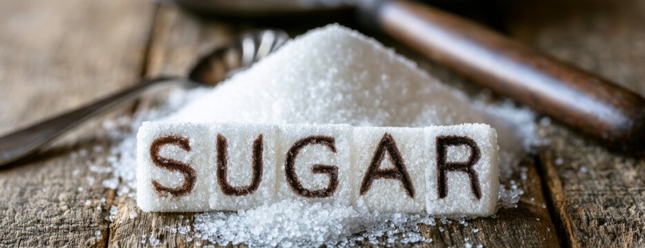 Sugar granules piled with text on rustic wooden background  