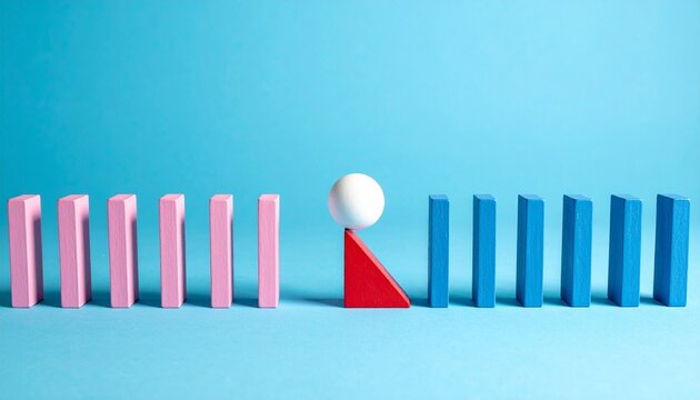 Color blocks interrupted by white ball disrupting domino sequence