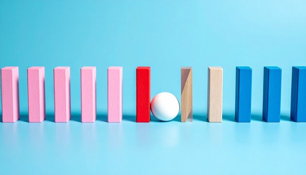 Color blocks interrupted by white ball disrupting domino sequence