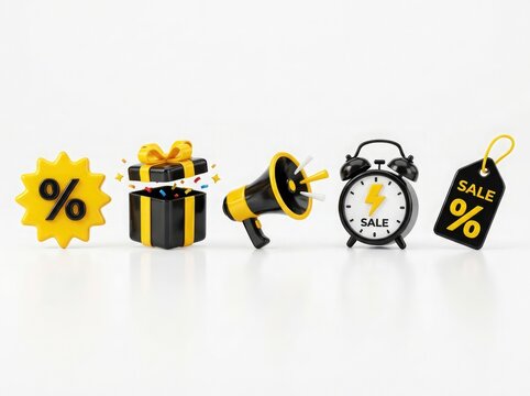 Set of 3d icons for black friday shopping and big seasonal sales