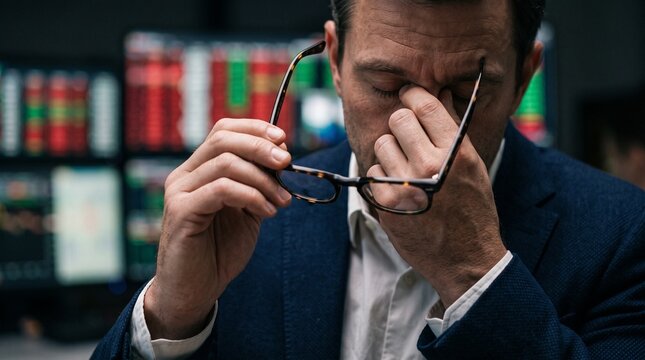 Stressed Financial Trader Rubbing Eyes During Volatile Market Session