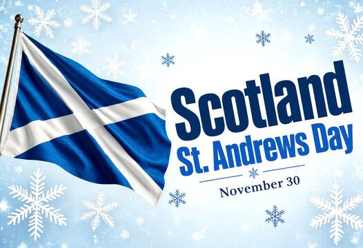 Vibrant scottish flag waving with st andrews day celebration text and snowflakes design