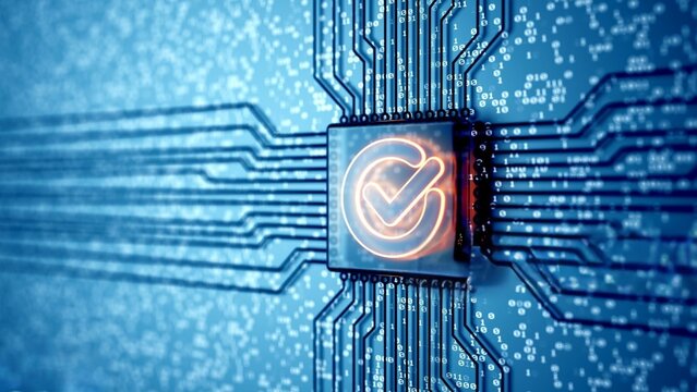 Glowing checkmark pulses on circuit board. Digital blue background sparkles with data. Futuristic tech concept radiates approval. Ideal for cybersecurity or digital validation themes