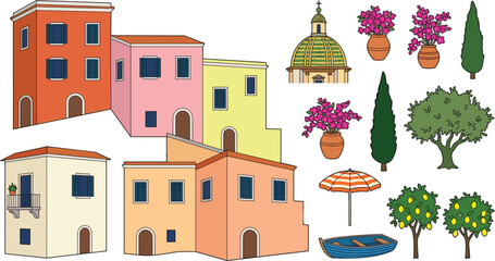 Mediterranean italian village vector set featuring colorful houses town buildings dome church cypress trees and lemon trees © MST