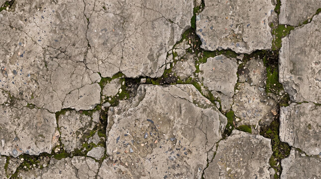 Old Cracked Concrete Pavement Texture with Moss Weathered Cement Surface Background