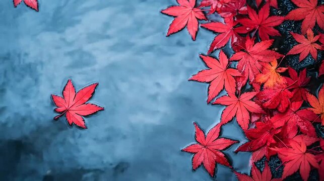 Vibrant red maple leaves floating on rippling water surface