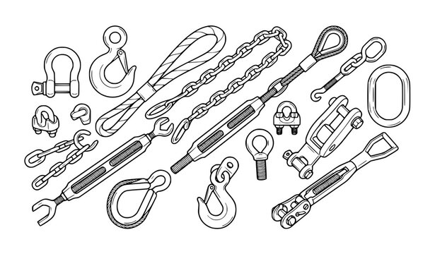 Industrial Rigging and Lifting Equipment Vector Set with Heavy Duty Hardware Icons Including Turnbuckles Steel Chains Wire Rope Slings Hooks Shackles and Clamps