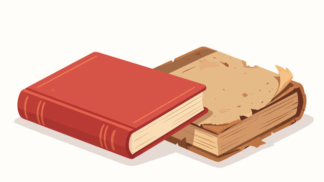 Red hardcover book resting on an ancient, weathered tome with tattered pages in a flat vector illustration