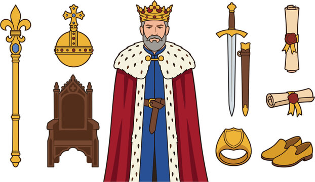 Royal medieval king vector set featuring monarch with golden crown robe sceptre throne sword and decree scroll icons