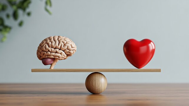 Balanced brain and heart concept representing logic emotion decision making and emotional intelligence