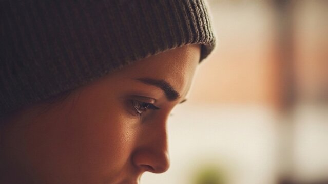 Cybersecurity Concept featuring close up of a focused young woman wearing a beanie hat looking at a screen while working on computer programming and data security