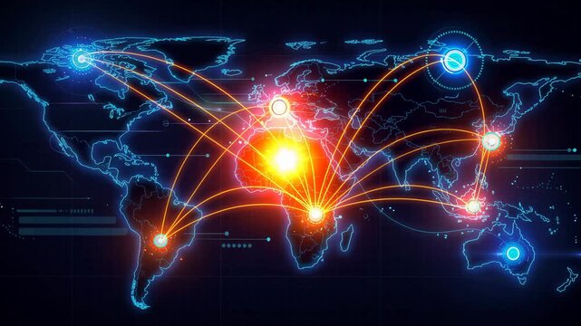 Global network connectivity illustration with glowing points and data flow lines on world map