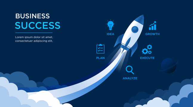 Business success concept vector illustration featuring a rocket launch with growth trajectory, startup innovation, strategy, planning, execution, analysis, idea, and business development