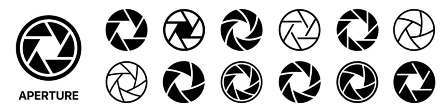 Aperture icon set. Camera lens, shutter, diaphragm, photo symbol on white background - stock vector.