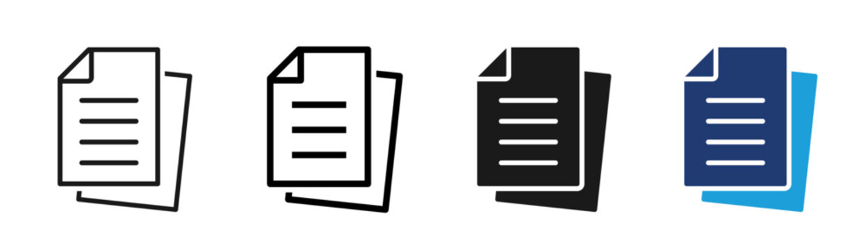 Document icon set. Paper, page, file, copy, form, note, folder symbol on white background - stock vector.