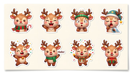 Obraz premium Cute baby Christmas reindeer sticker pack with different emotions: happy, laughing, surprised, sleepy, excited, waving and celebrating, premium 3D cartoon illustration, isolated background
