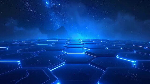 Glowing blue hexagonal tiles under a vast starry night sky