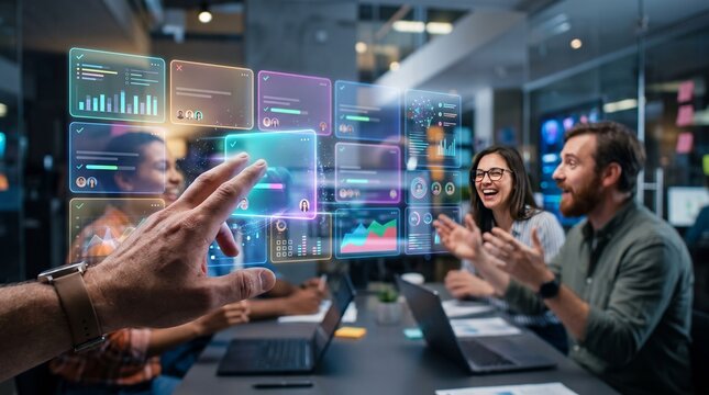 Diverse Business Team Collaborates with Futuristic Holographic Data Interface