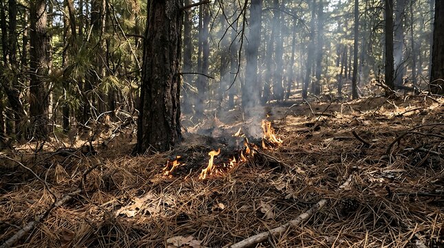 Kleiner Bodenbrand im trockenen Wald als Beginn eines Waldbrandes