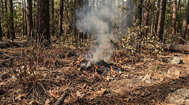 Kleiner Bodenbrand im trockenen Wald als Beginn eines Waldbrandes