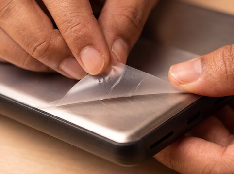 Hands slowly remove the protective matte film from the new gadget. Unpacking, unboxing and ASMR concept. Macro view for poster, commercial 