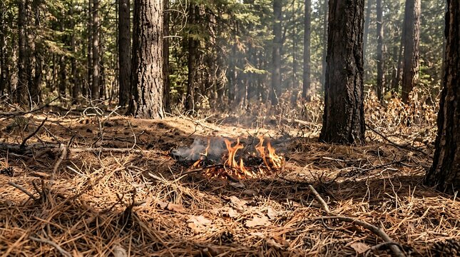 Kleiner Bodenbrand im trockenen Wald als Beginn eines Waldbrandes