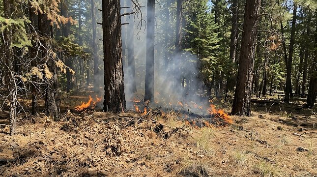 Kleiner Bodenbrand im trockenen Wald als Beginn eines Waldbrandes