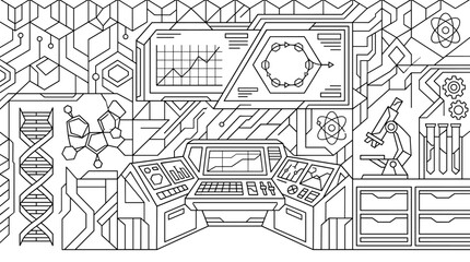 Fototapeta premium Modern Science Lab Interior with DNA, Chemical Molecule, Microscope, and Control Panel, Geometric Line Art Illustration