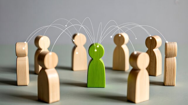 Leadership and teamwork concept with wooden figures and green leader