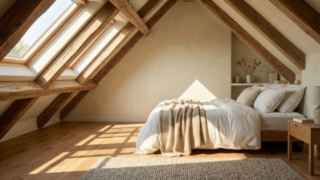 Cozy Attic Bedroom with Exposed Beams and Skylight Sunlight