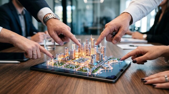 Business people analyzing holographic smart city on digital tablet