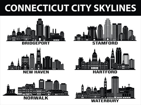 Black city skylines of Connecticut towns in USA