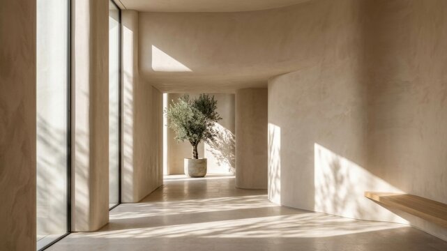 Minimal Architectural Interior with Curved Plaster Walls and Dramatic Shadows