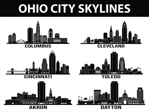 Black city skylines of five Ohio USA locations