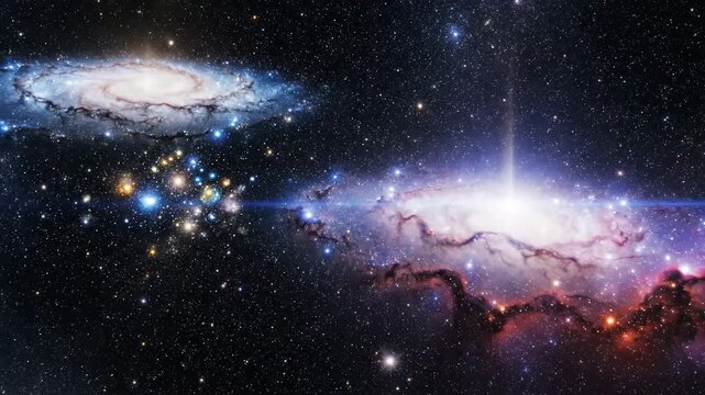 Two massive spiral galaxies float across the dark infinite expanse of the deep cosmos as brilliant radiant stars illuminate the vast celestial void with their awe-inspiring glowing energy