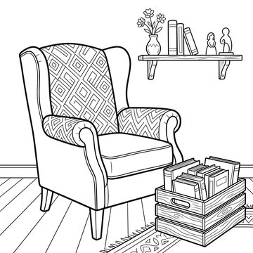 Cozy reading corner featuring wingback armchair beside wooden crate filled with stacked hardcover books illustration with illustration comfortable patterned