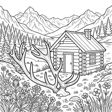 Large deer antlers resting beside rustic log cabin surrounded by mountain meadow wildflowers landscape with art illustration woodland detailed black white