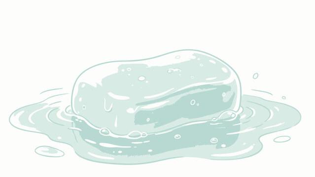 Delicate pastel illustration of a translucent wet soap bar resting in a puddle with bubbles and water ripples