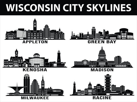 Wisconsin city skylines in black