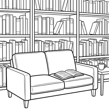 Cozy reading corner featuring comfortable sofa open book shelves filled with numerous hardcover literary volumes with illustration comfortable couch