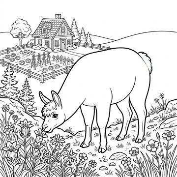 Llama grazing near rural cottage vegetable patch outline drawing for coloring book page activity with illustration llama standing rustic farmhouse vegetable